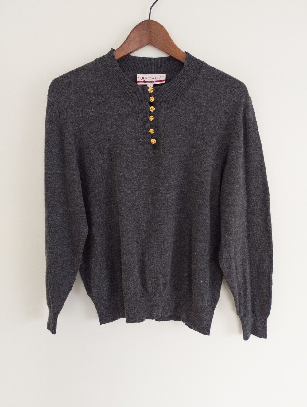 Vintage Montagut Monsieur Charcoal Wool Henley Sweater Size Large Good Buttons